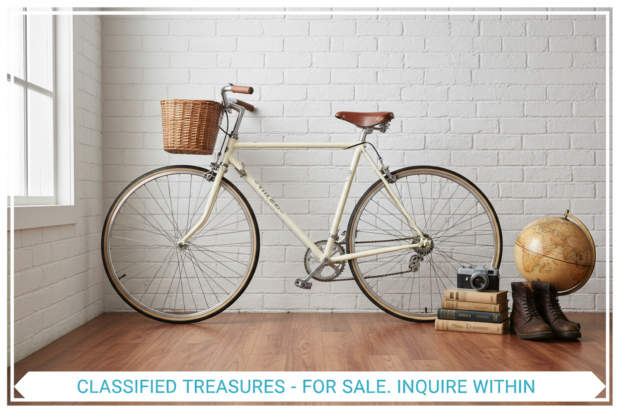 A vintage cream-colored bicycle with a wicker basket stands against a white brick wall next to a stack of books, a camera, a globe, and a pair of leather boots.